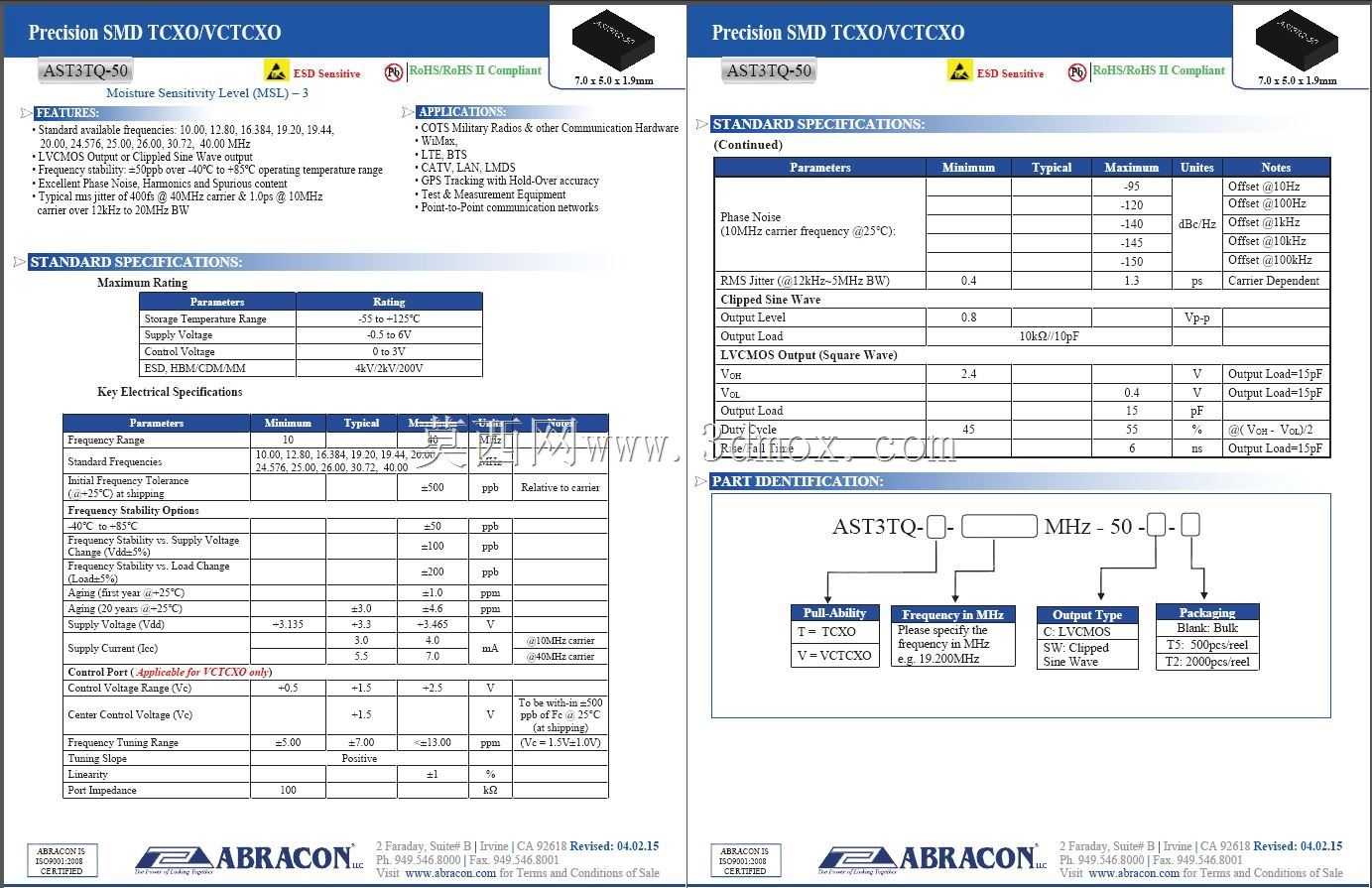 ���ȶ���+/-50 PPB Abracon 7050��TCXO/VCTCXO