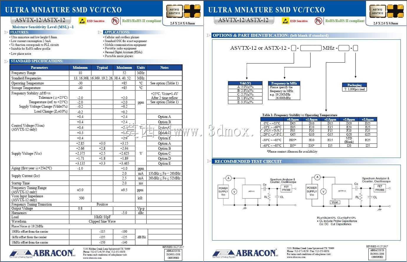 �ǳ��õ��ȶ���+/-500 PPB Abracon 2520��TCXO/VCTCXO