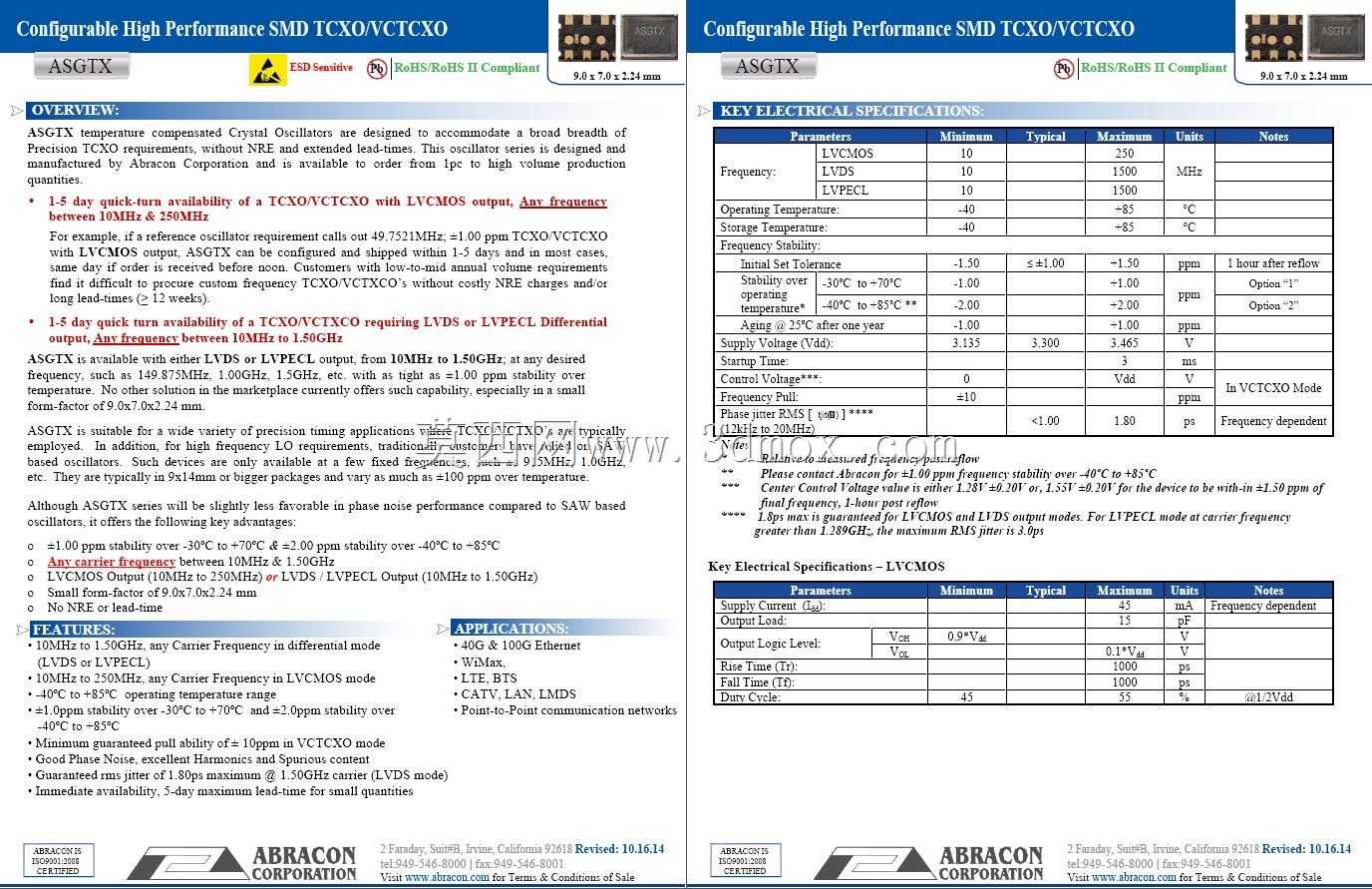 �ȶ��Ժ�+/-1 PPM Abracon 9070���TCXO/VCTCXO