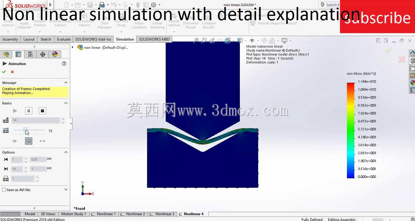 solidworks中带解释的非线性模拟