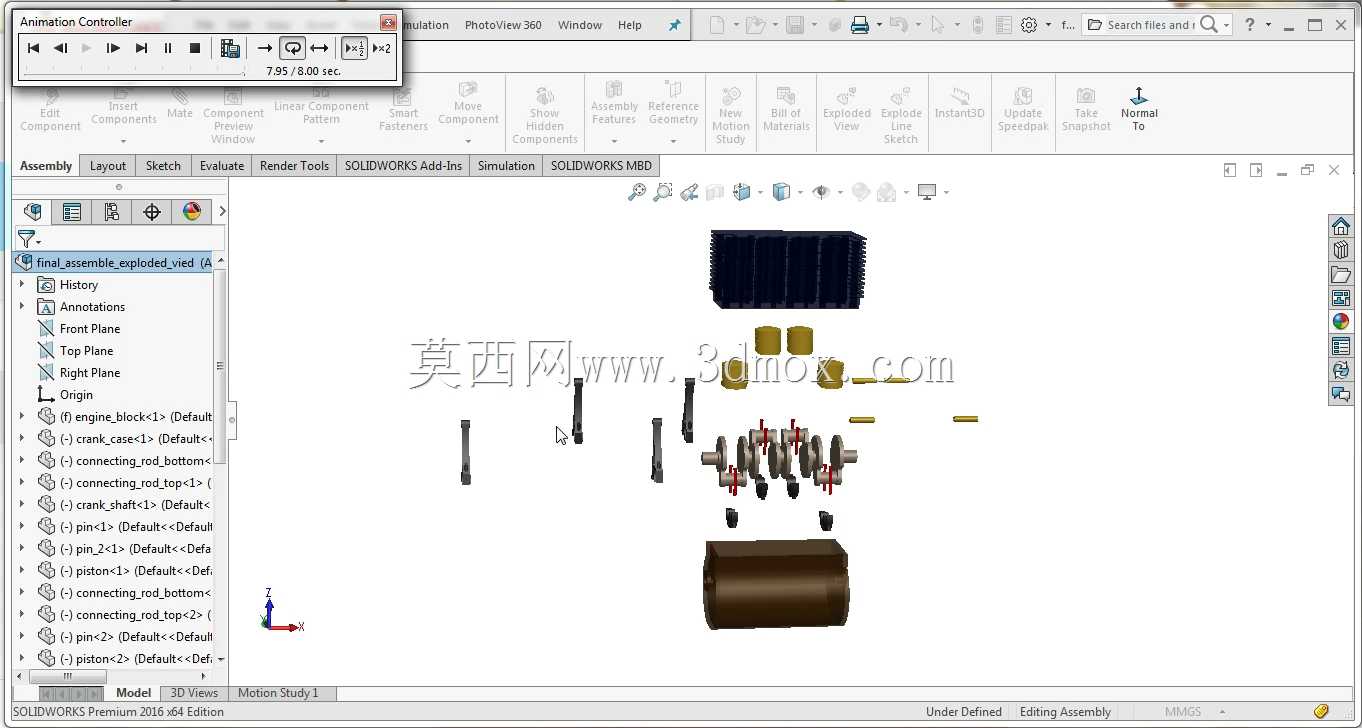 活塞-气缸部件的分解图运动研究动画/Solidworks教程