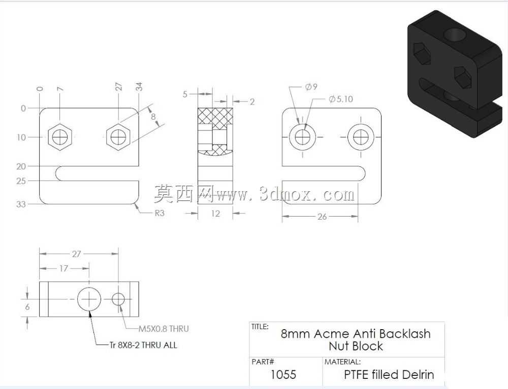 Derlin方形塑料螺钉螺母座T8 8mm,适用于3D打印机