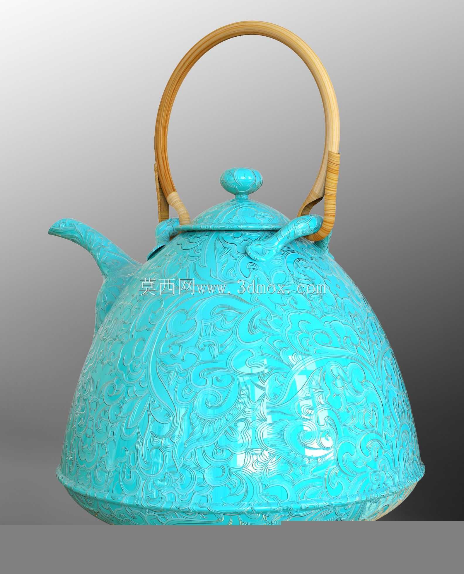 雕刻图案和赛莱登釉的茶壶