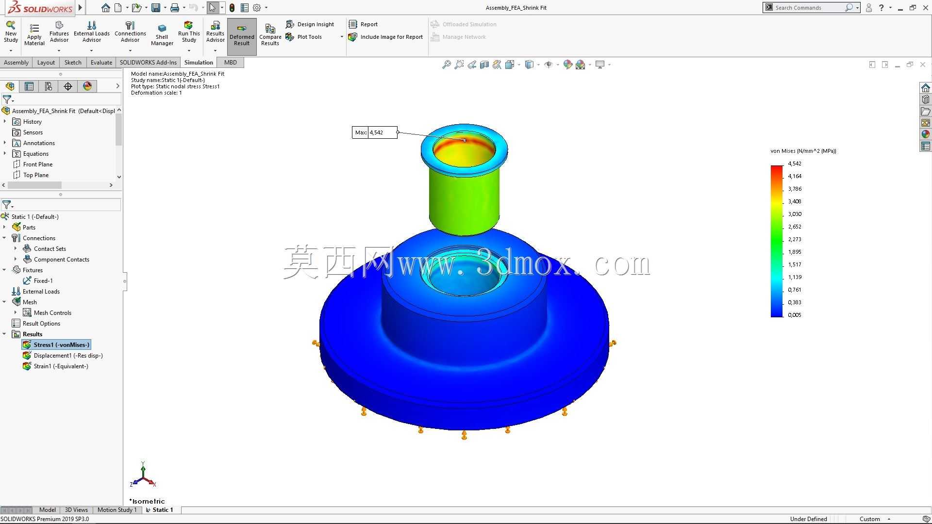 SolidWorks 2019中的塑料套筒轴承压装仿真