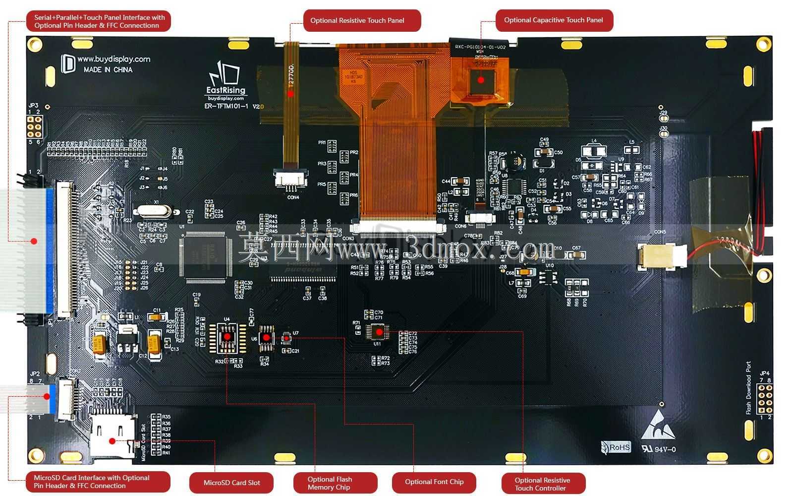 串行SPI I2C 10.1英寸TFT LCD模块Dislay w/RA8876,OPTL触摸屏