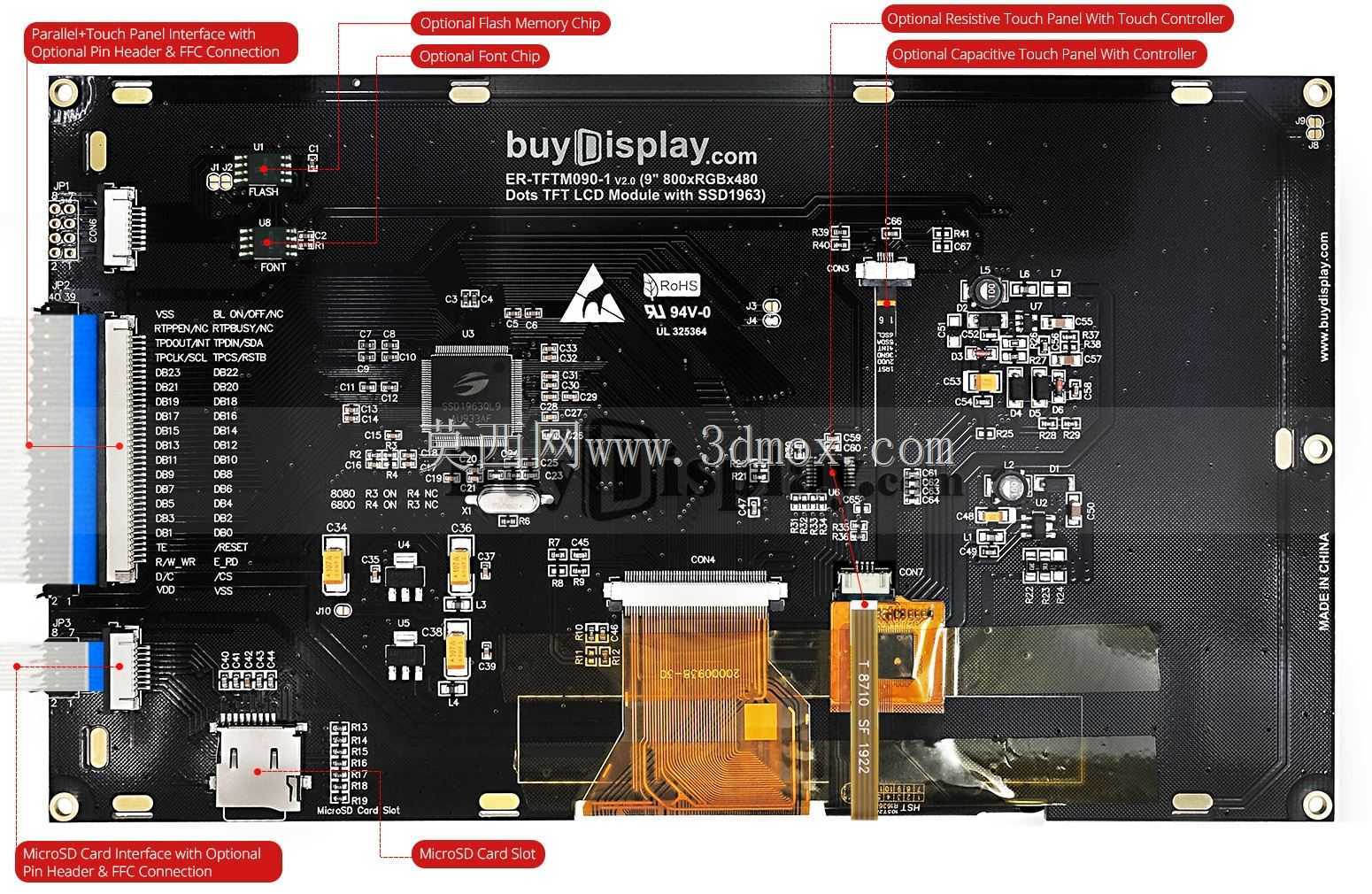 带SSD1963 Arduino控制器板的9英寸TFT LCD模块触摸显示屏