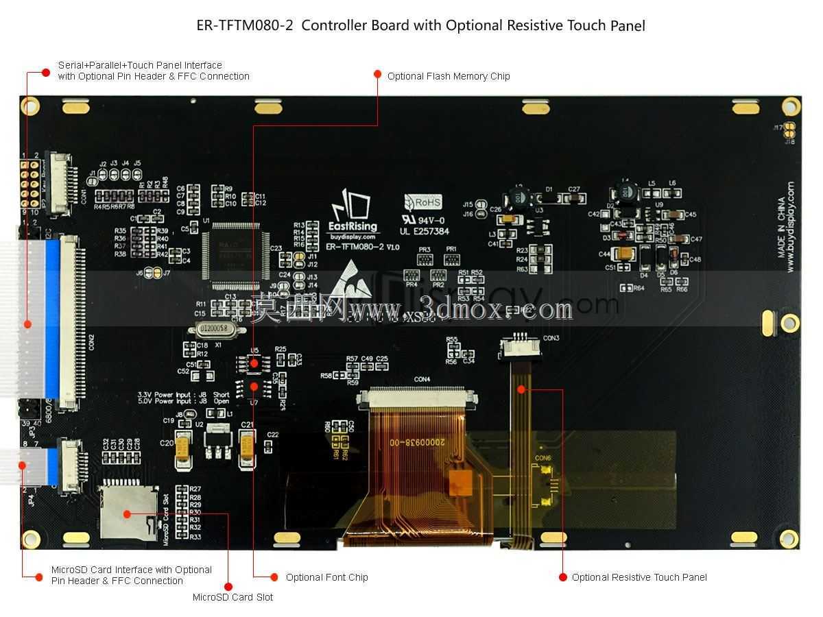 彩色8英寸LCD模块TFT显示屏,带OPTL触摸屏,I2C+串行SPI