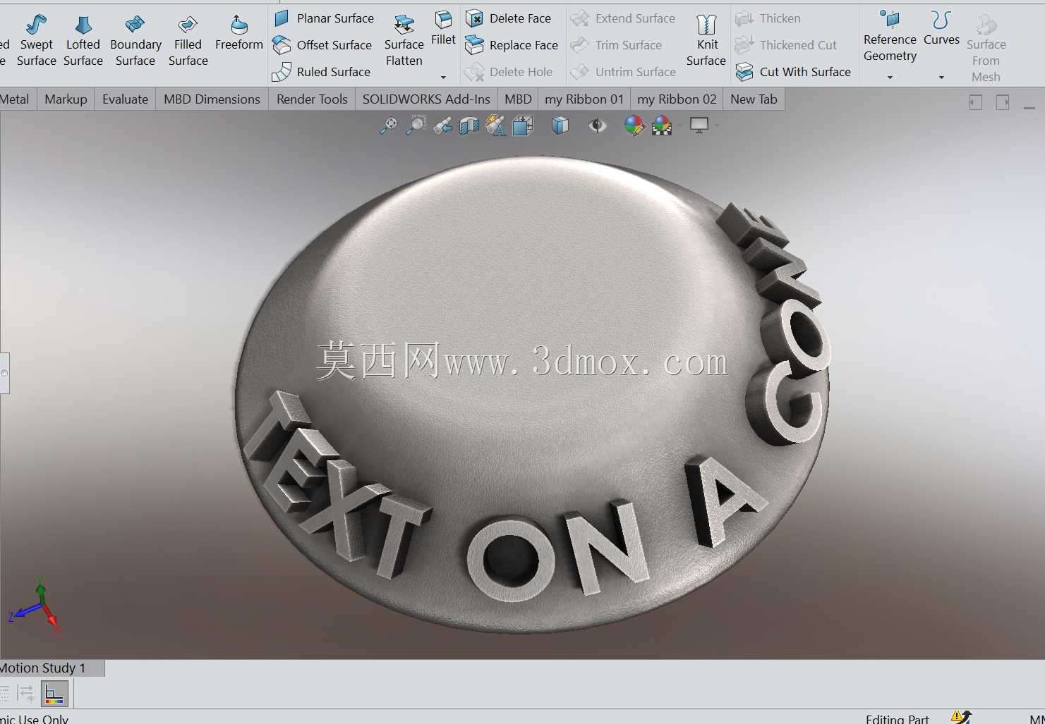 使用SolidWorks在圆锥体或圆锥表面上显示文本