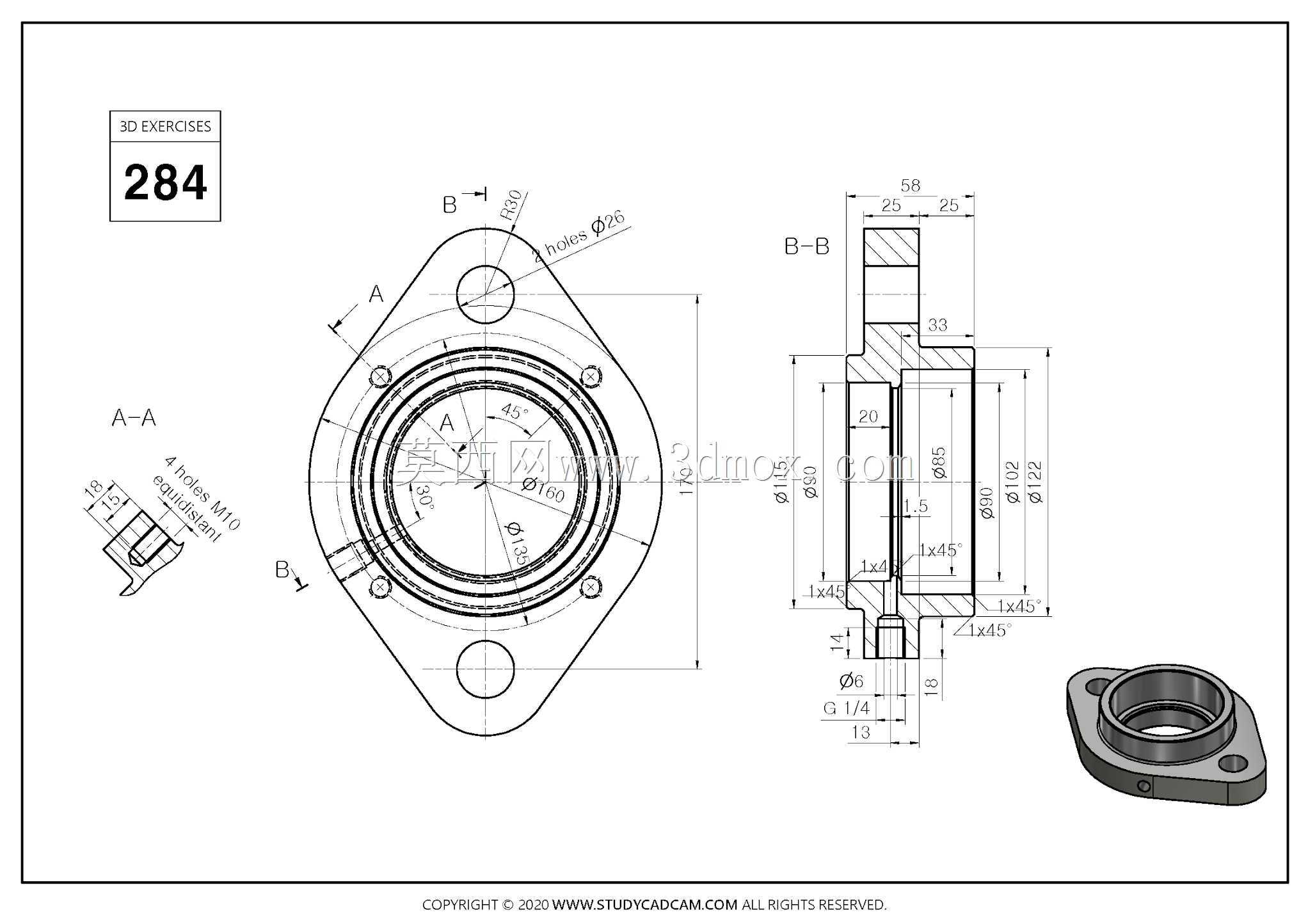 Studycadcam 3D CAD练习284/Flange/Autodesk Inventor Pro