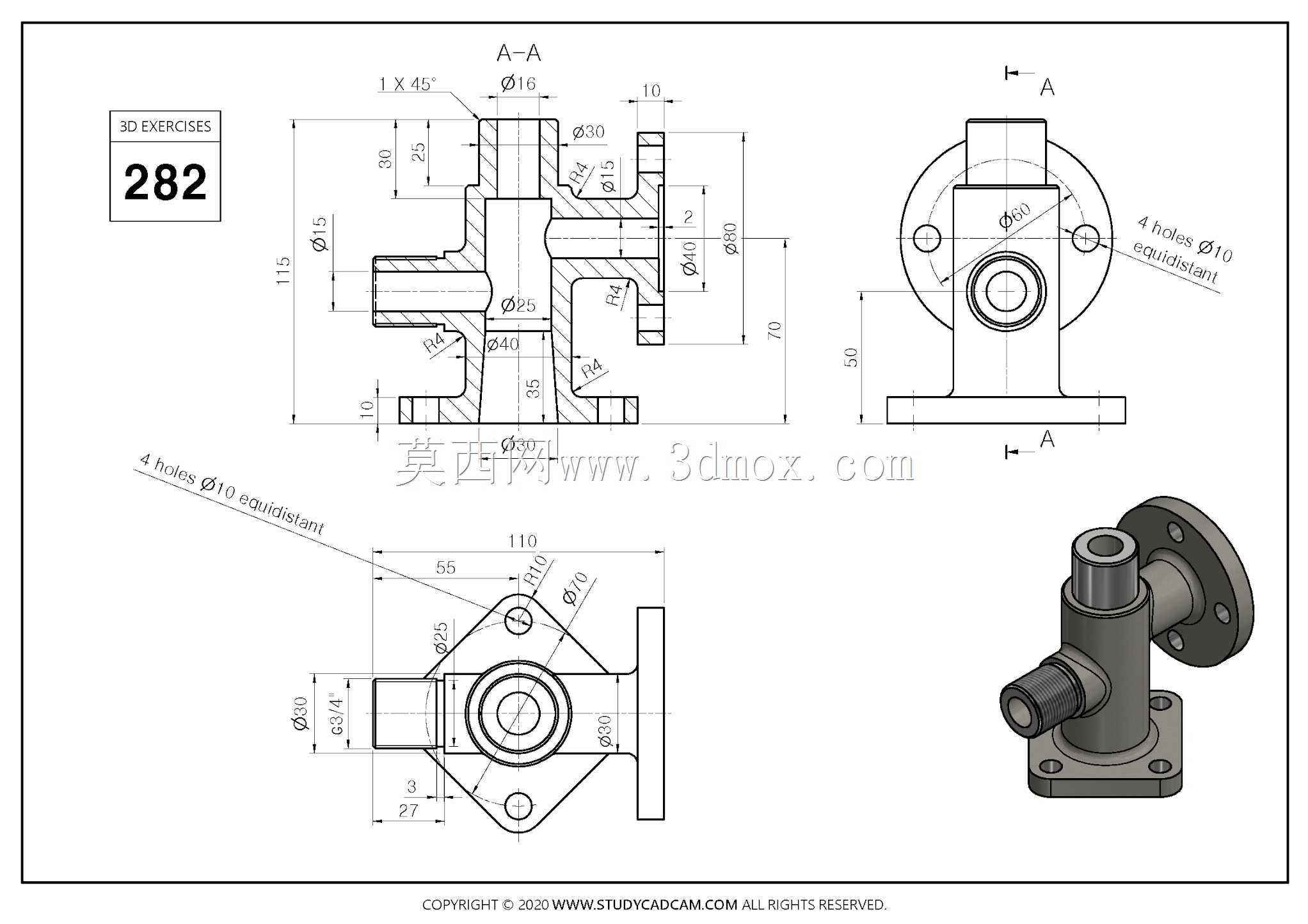 Studycadcam 3D CAD练习282/阀门连接器/Autodesk Inventor Pro