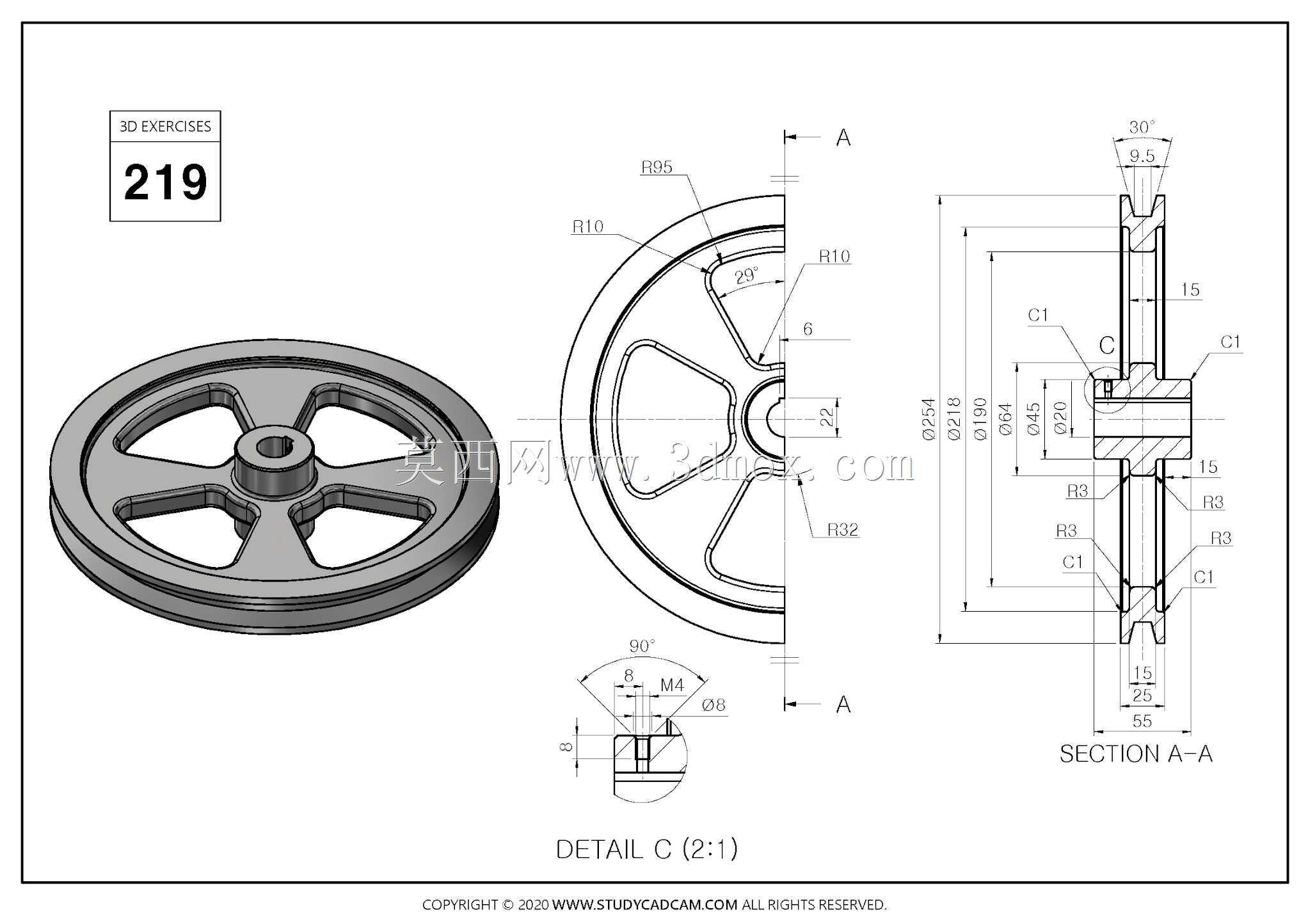 Studycadcam 3D CAD练习219/滑轮Autodesk Inventor Pro