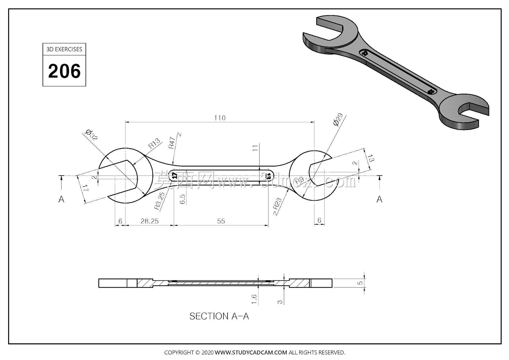 Studycadcam 3D CAD练习206/扳手/llave 17/13 Autodesk Inventor Pro
