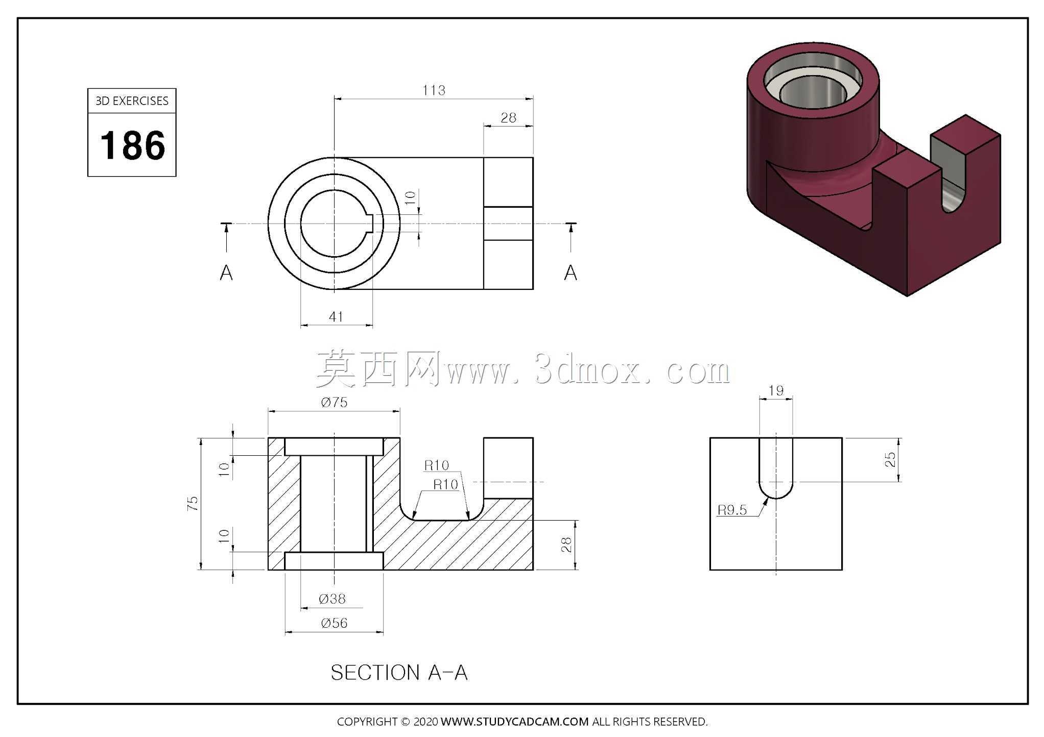Studycadcam 3D CAD练习186/杆支架Autodesk Inventor Pro