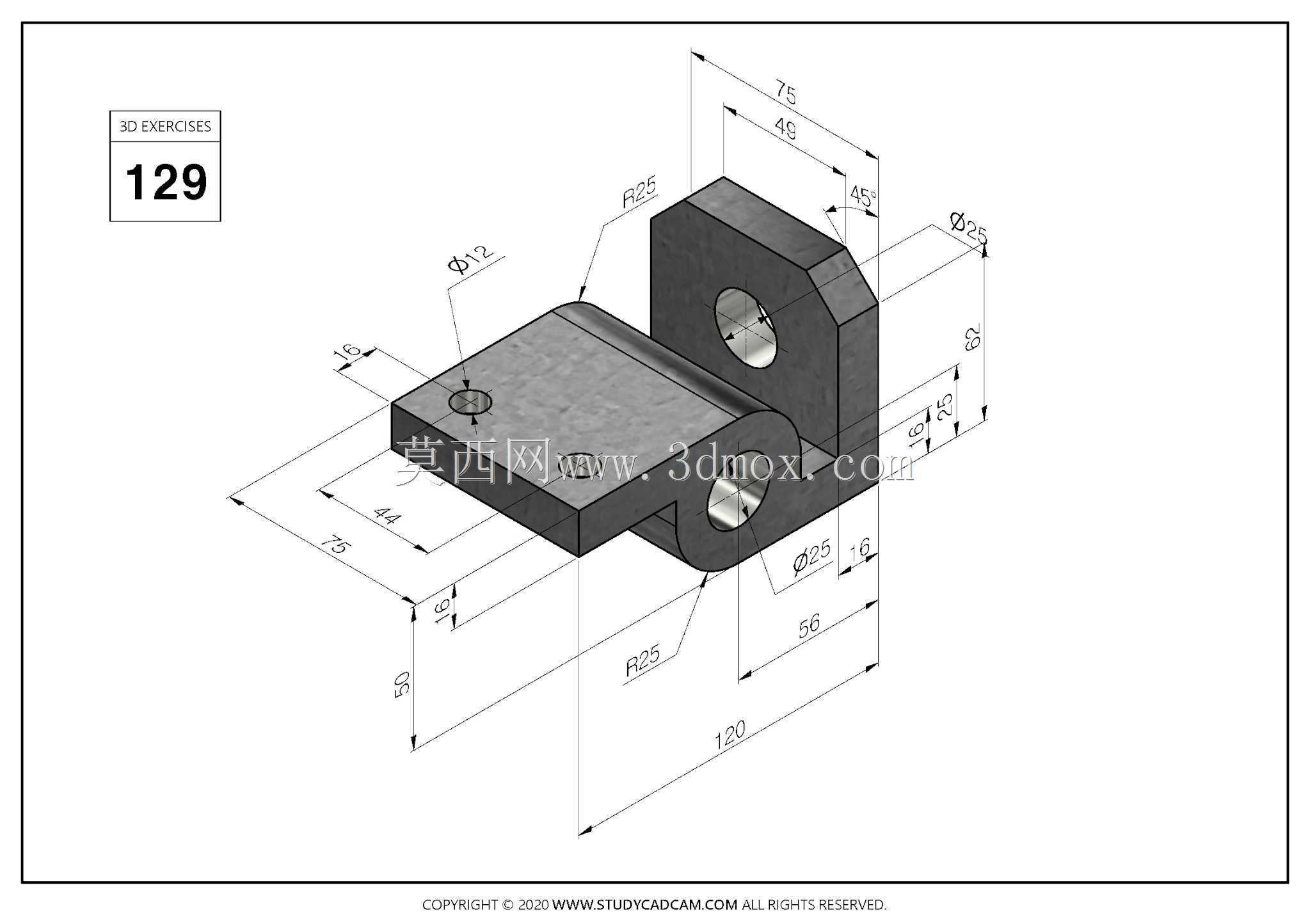Studycadcam 3D CAD练习129/MS杆支架Autodesk Inventor Pro