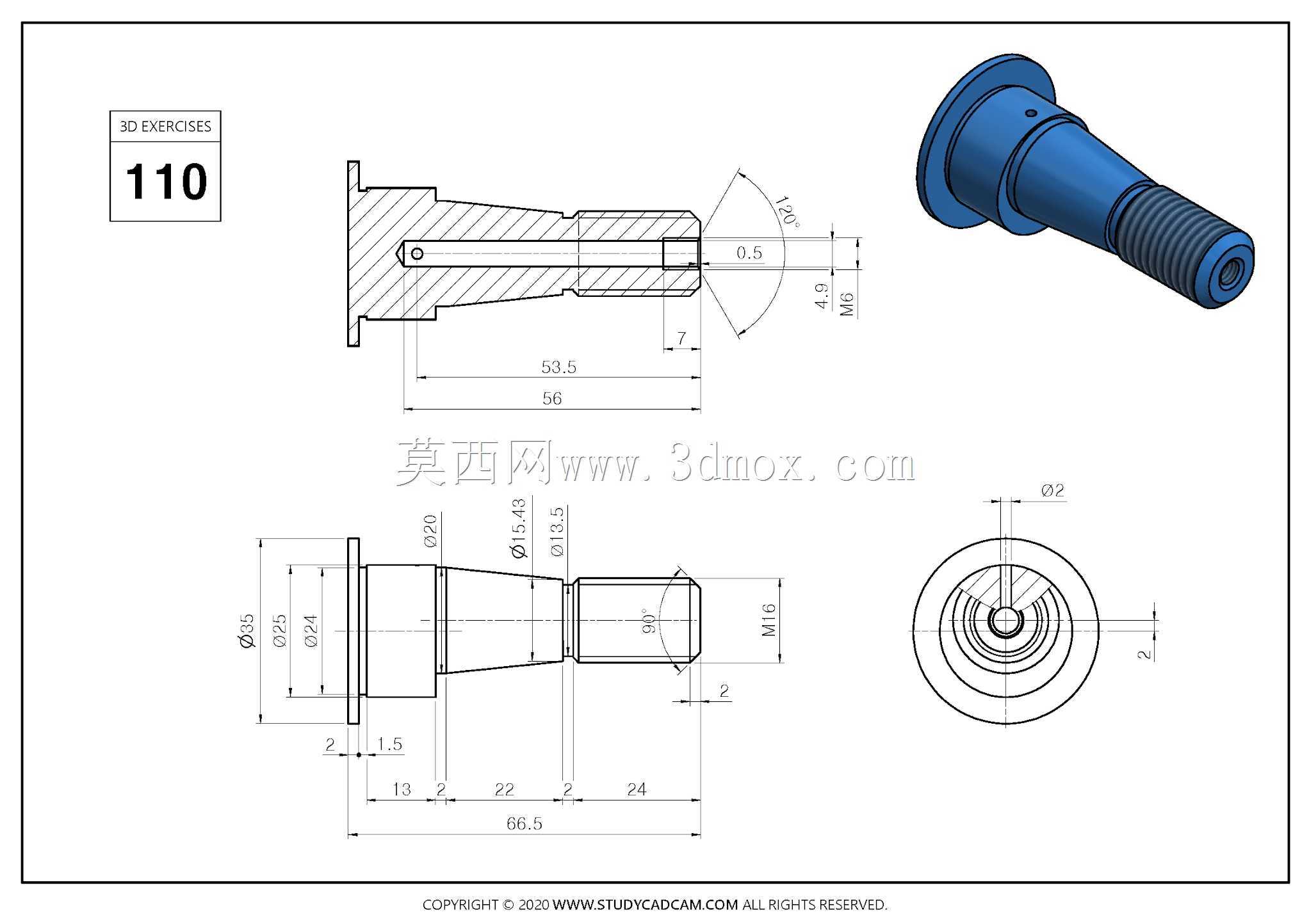 Studycadcam 3D CAD练习110 Autodesk Inventor Pro(螺纹是一种模拟,与图纸中的螺纹不完全相同)