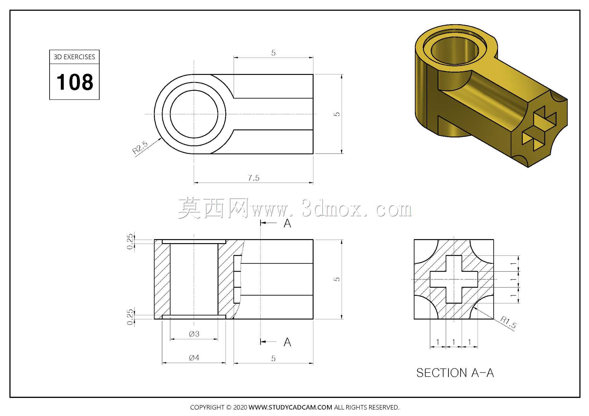 Studycadcam 3D CAD练习108/lego technic角度连接器Autodesk Inventor Pro