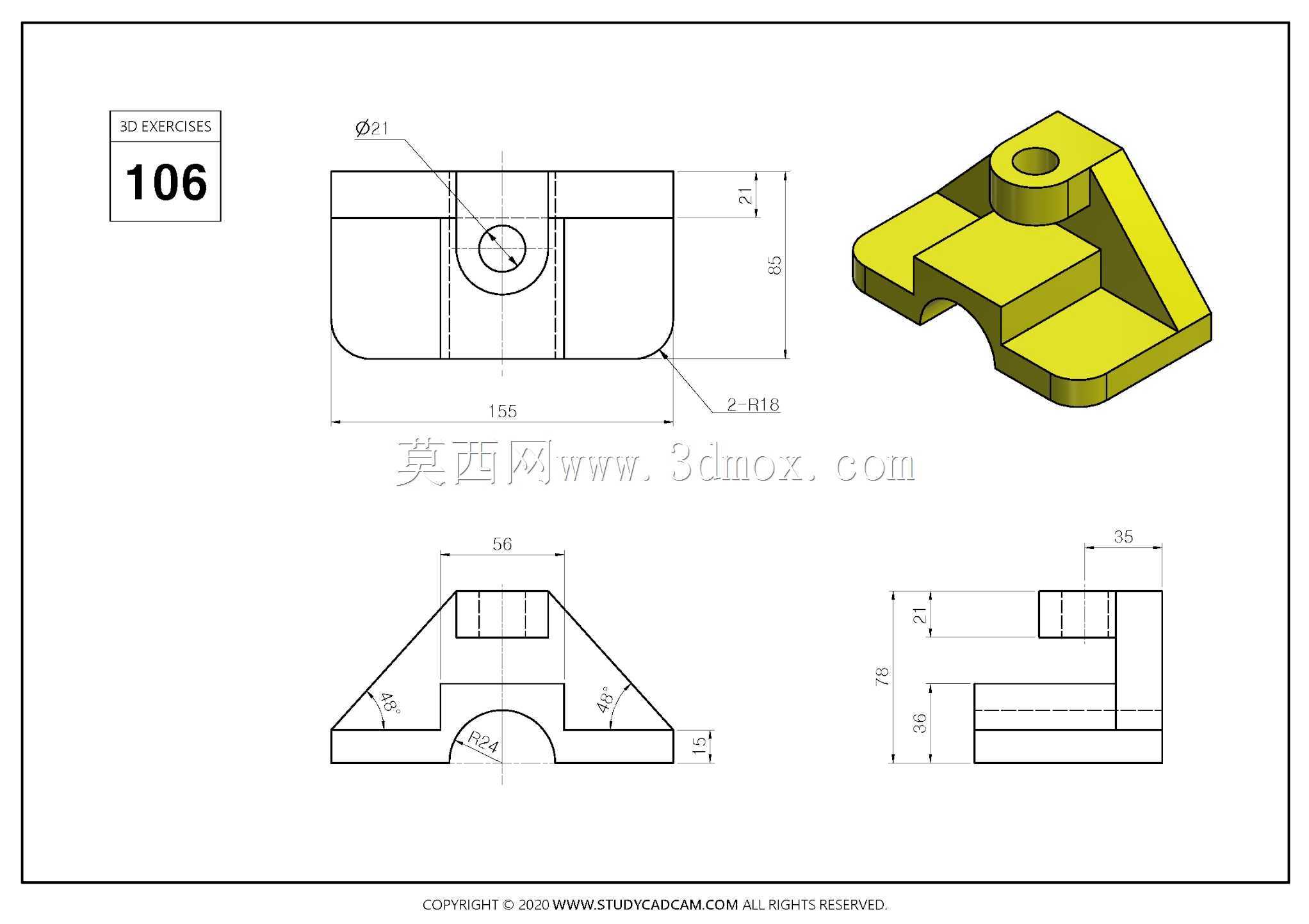 Studycadcam 3D CAD练习106/角块Autodesk Inventor Pro