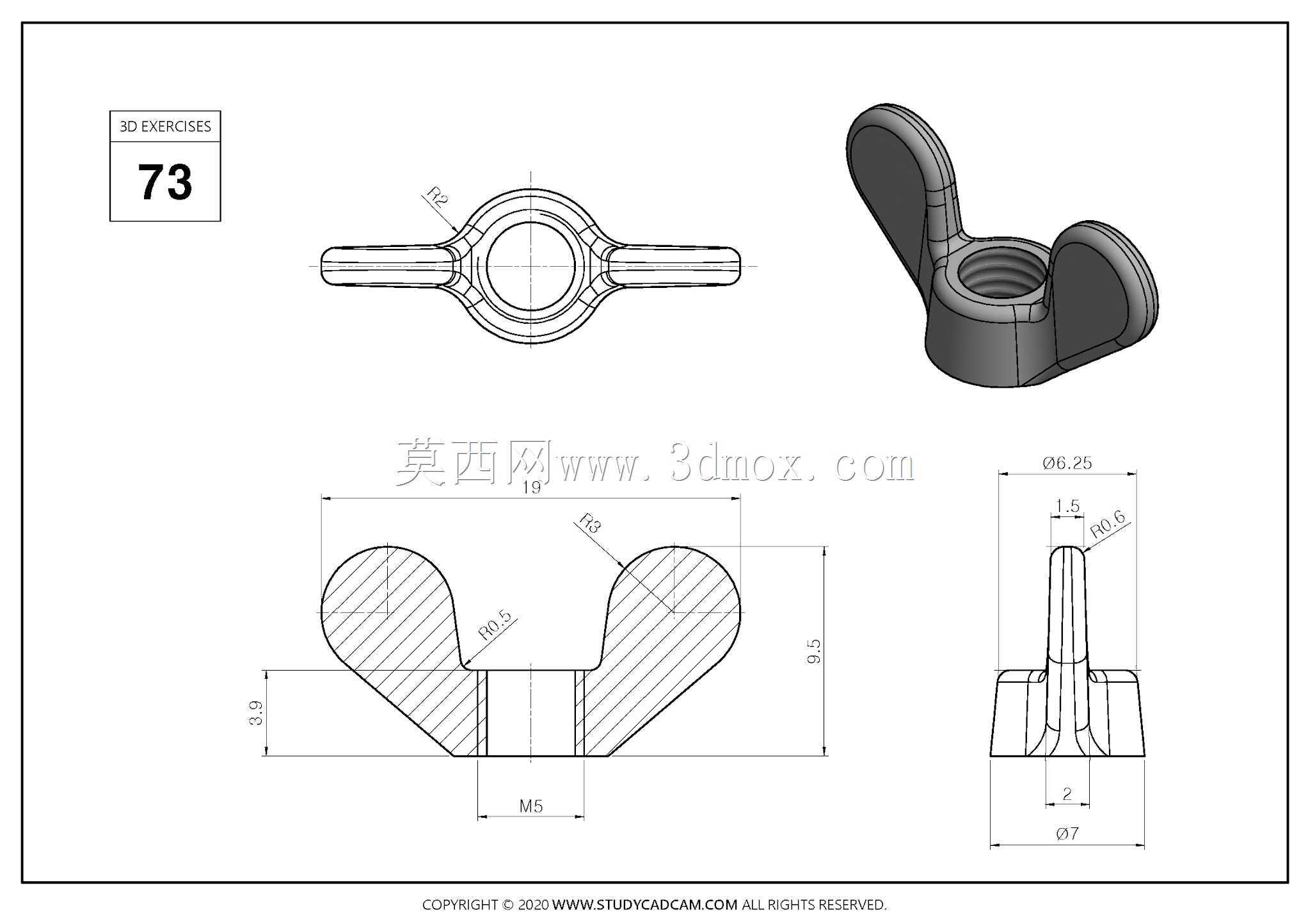 Studycadcam 3D CAD练习73/翼形螺母Autodesk Inventor Pro