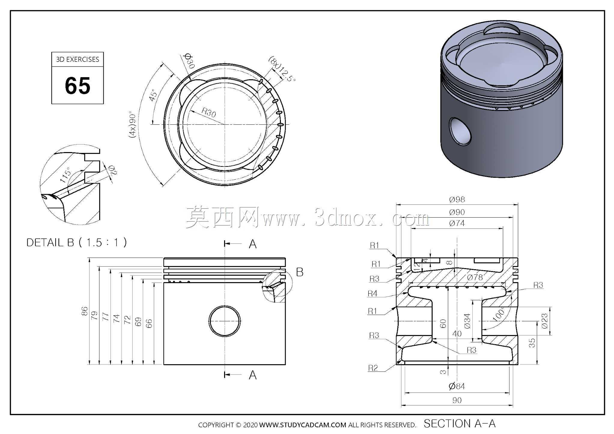 Studycadcam 3D CAD练习65/活塞头Autodesk Inventor Pro