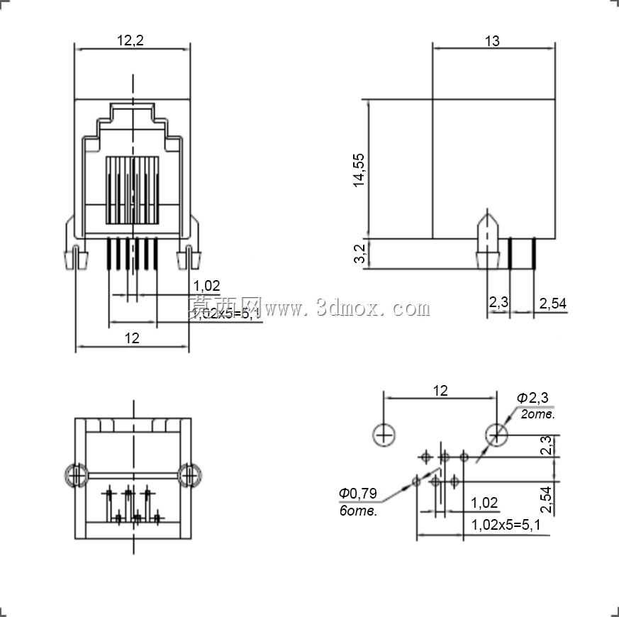 TJ6P6C 6P6C R-RJ11R06P-A800(RJ11)直角pcb连接器插座