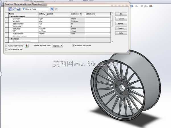 如何在Solidworks 2013中建模可变尺寸驱动汽车轮辋并显示设计意图