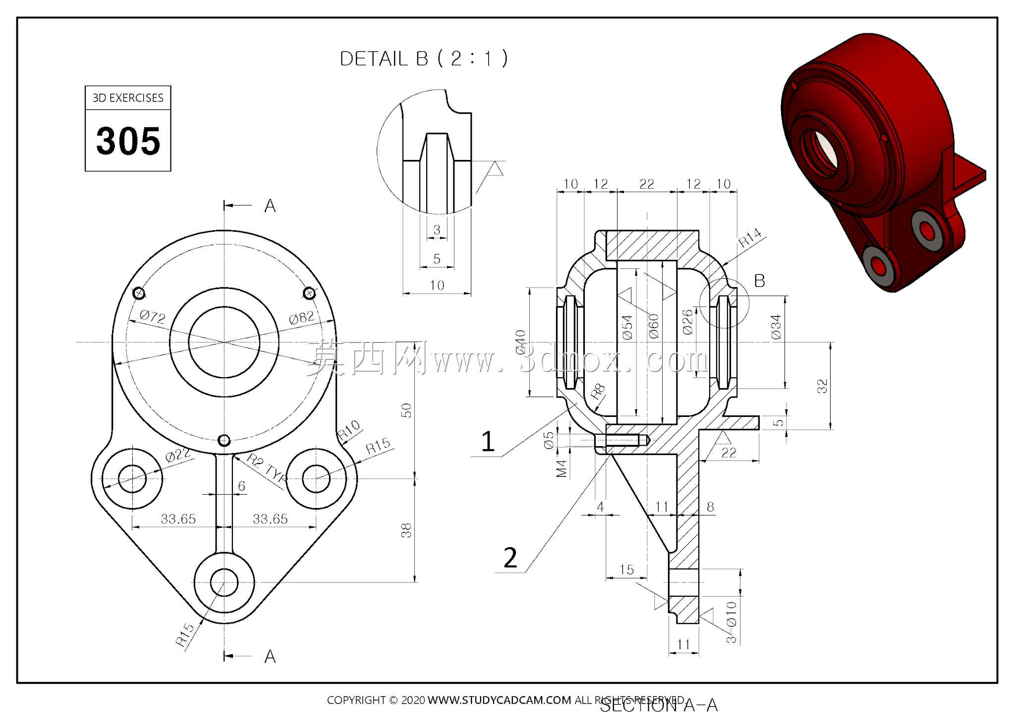 Studycadcam 3D CAD练习305/caja soporte de rodamientos/轴承支撑箱Autodesk Inventor Pro