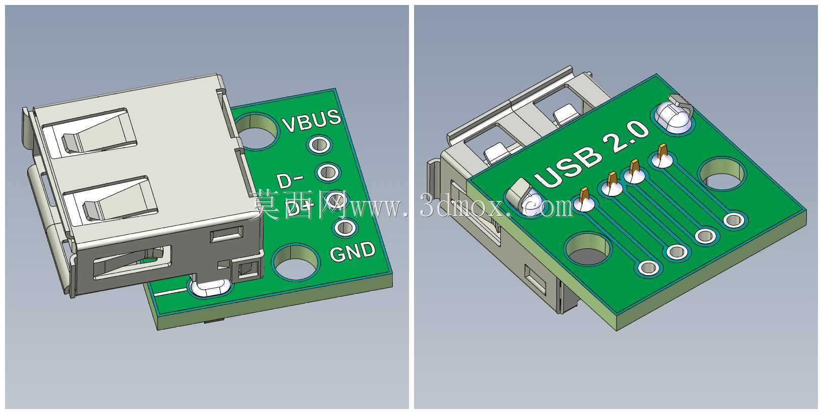 USB 2.0 A内螺纹至DIP 2.54mm PCB适配器板
