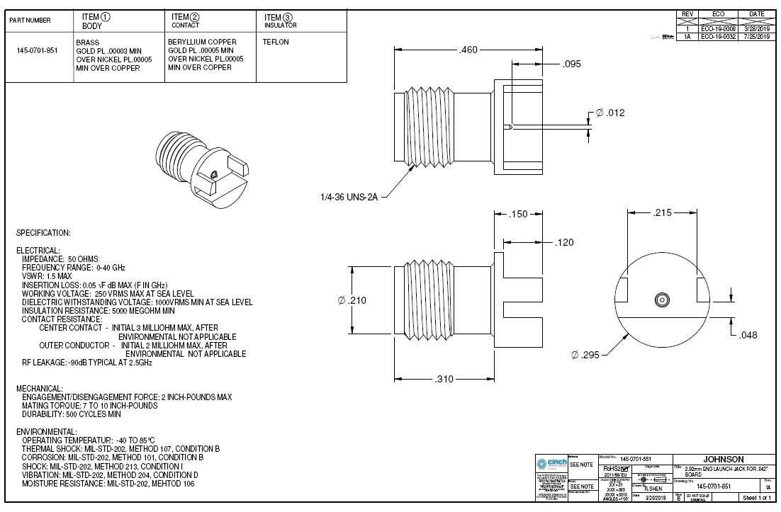 Johnson-Cinch-Bel 2.92����40ǧ�׺գ�50ŷķ��0.048Ӣ��PCB��Ե������