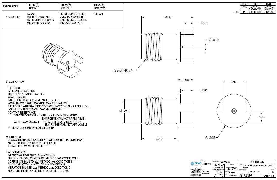 Johnson-Cinch-Bel 2.92���ף�40ǧ�׺գ�50ŷķ��0.098Ӣ��PCB��Ե������