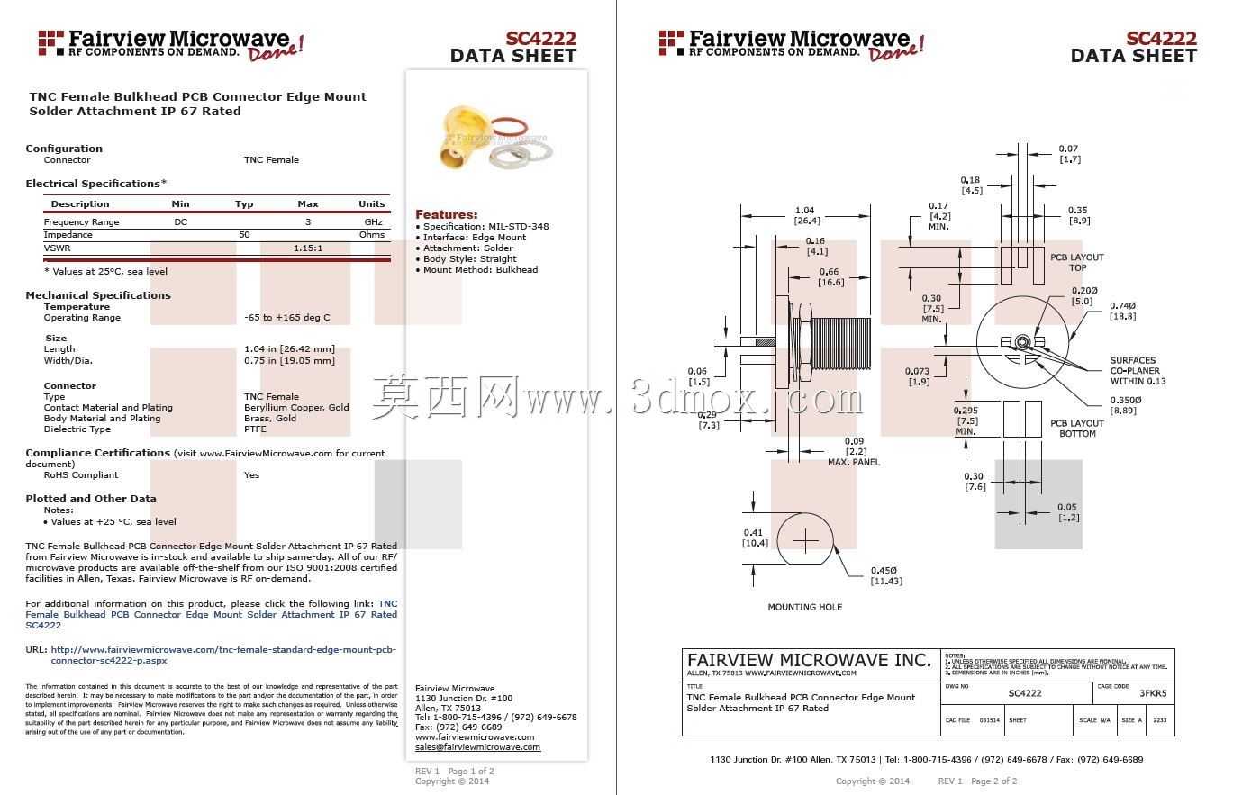 ����΢��/Amphenol RF 3 GHz TNC����PCB��Ե��װͬ��������