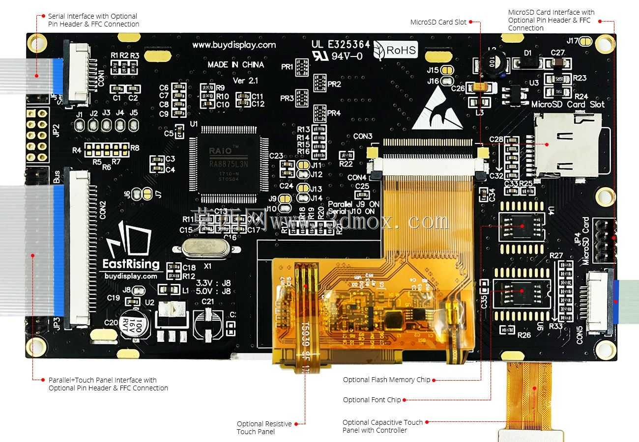 5英寸TFT LCD模块800x480显示器,带控制器I2C串行SPI