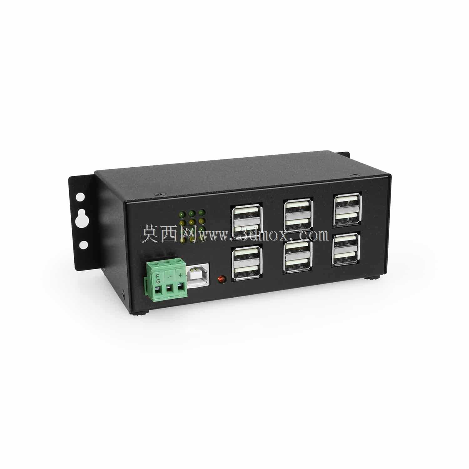 工业12端口USB 2.0供电集线器,用于PC-MAC DIN导轨安装