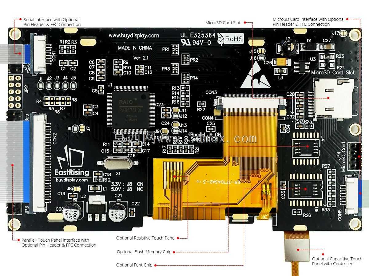 4.3英寸TFT LCD显示模块控制器板,带串行SPI、I2C、MCU