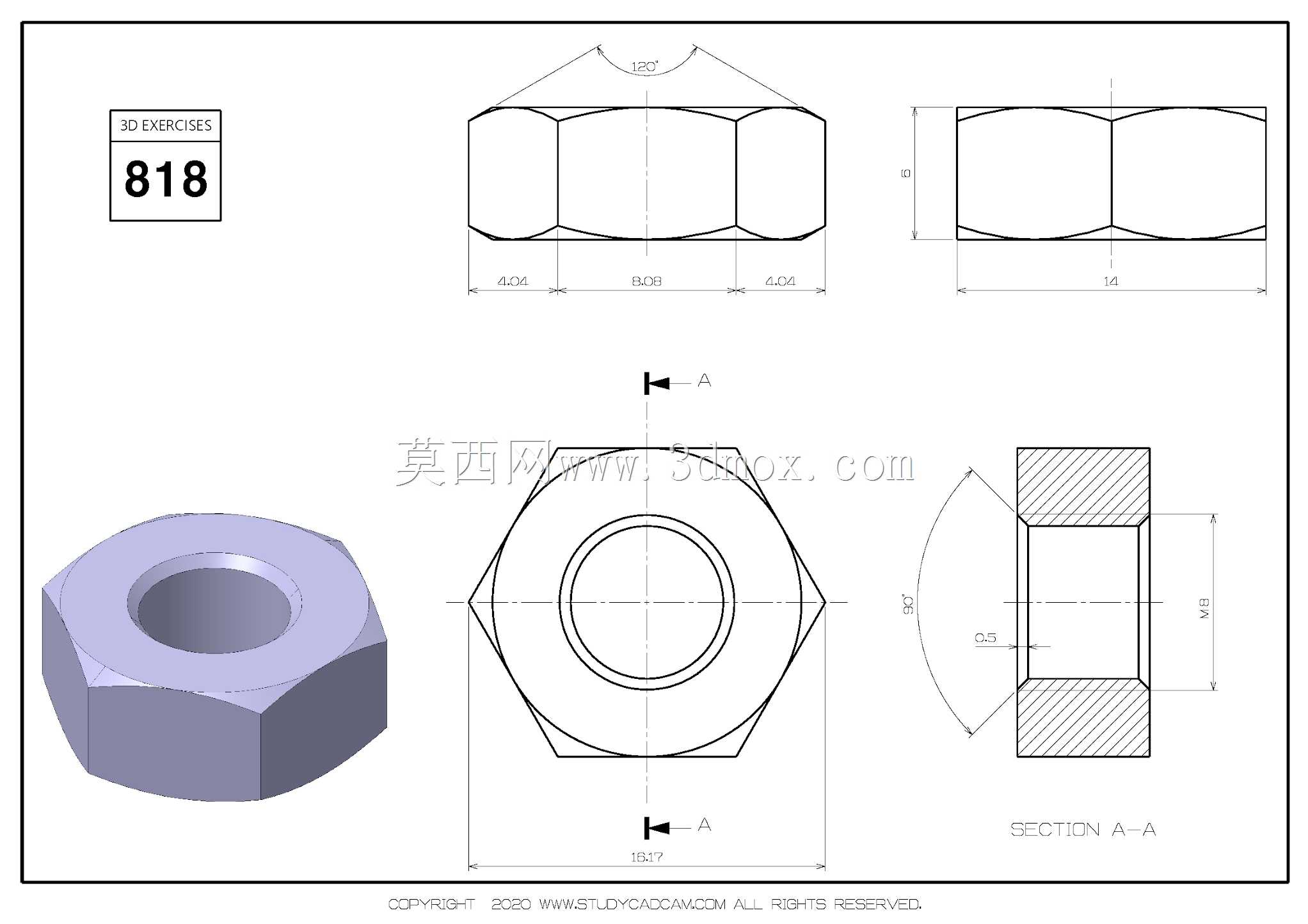Studycadcam 3D CAD��ϰ818/�����ƵĻ�����ĸ/tuerca basica con rosca Autodesk Inventor Pro