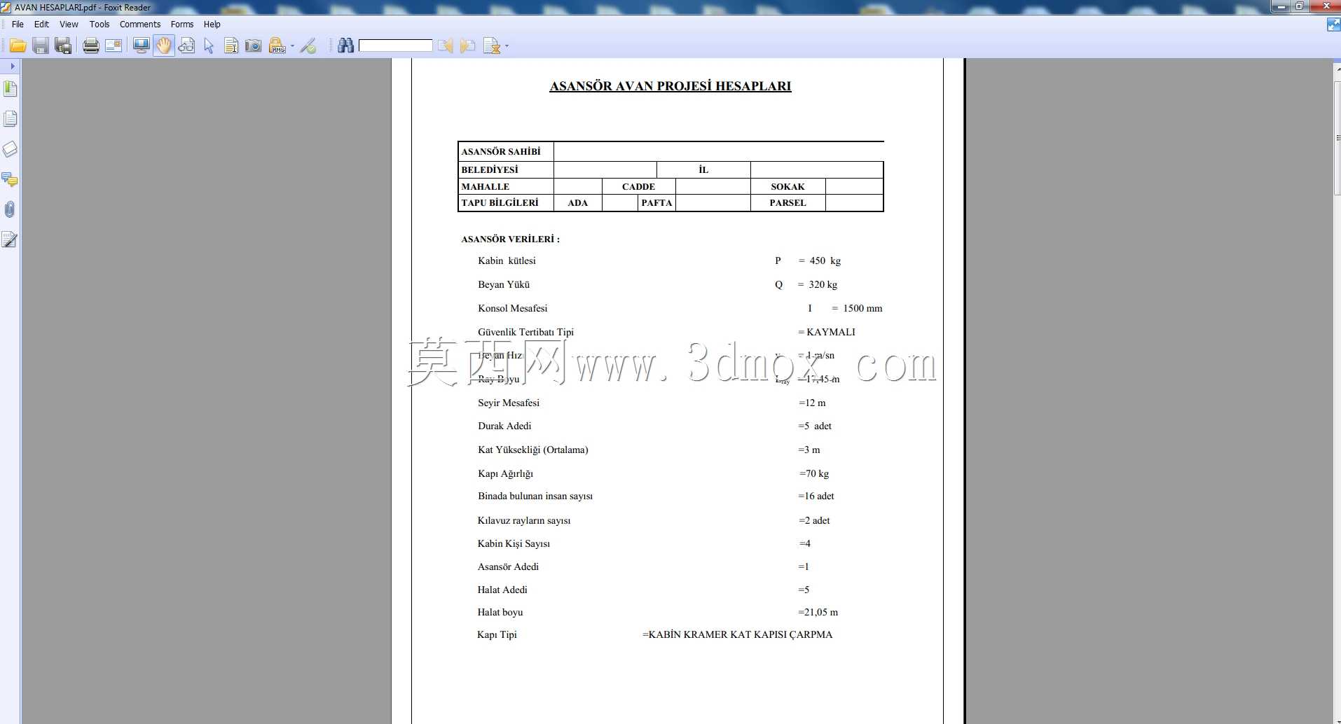 电梯项目样本和计算-?rnek Asans公司?r Avan Projesi ve Hesaplar公司?
