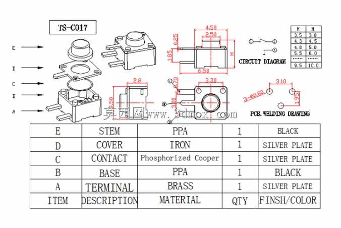 触觉按钮4.5x4.5mm TS-C015、TS-C016、TS-C017