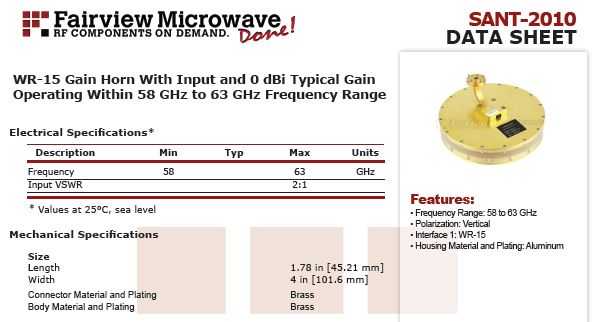 Fairview΢��58��63 GHz�������ߣ�����WR-15������+0 db���棩������������Ϊ360��