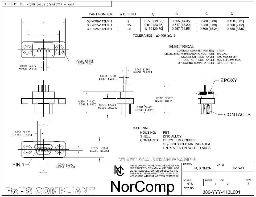 Norcomp 380��MICRO-Dϵ�У�9·PCB D-sub��������������������