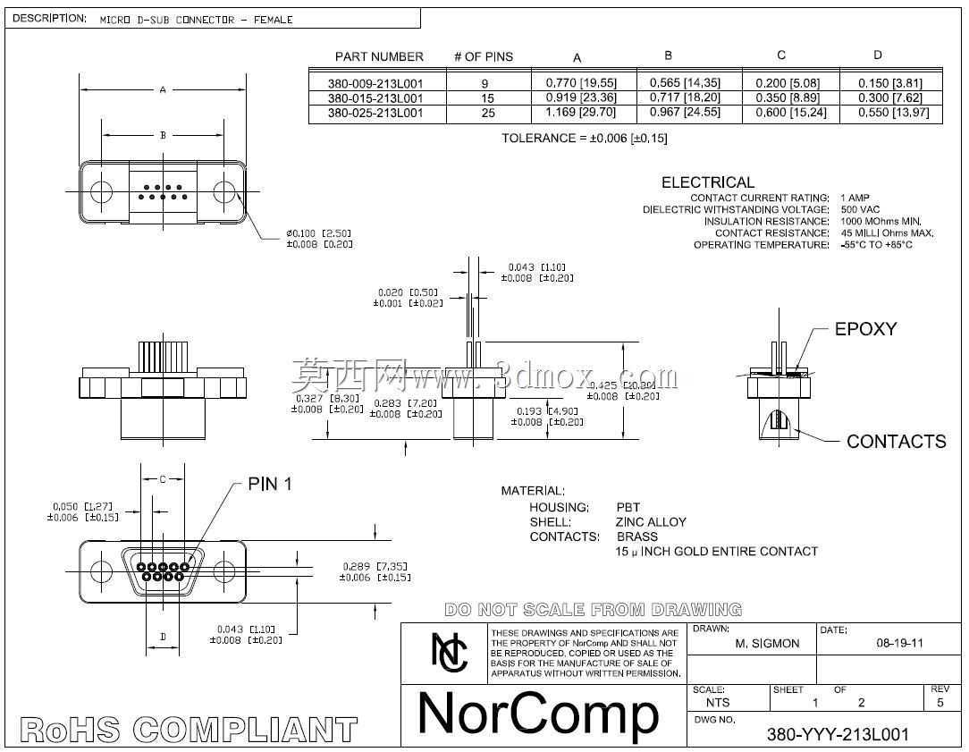 Norcomp 380��MICRO-Dϵ�У�9·PCB D-sub���������������ĸ���