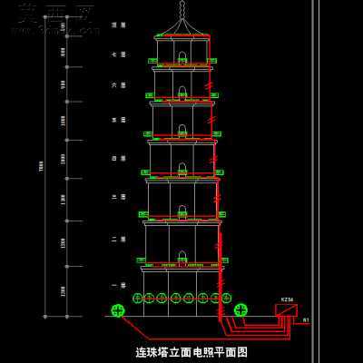 连珠塔立面电气照明平面图 CAD图纸